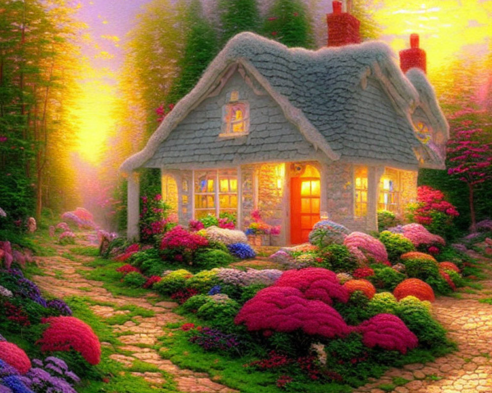 Thatched Roof Cottage Surrounded by Flowers in Misty Forest