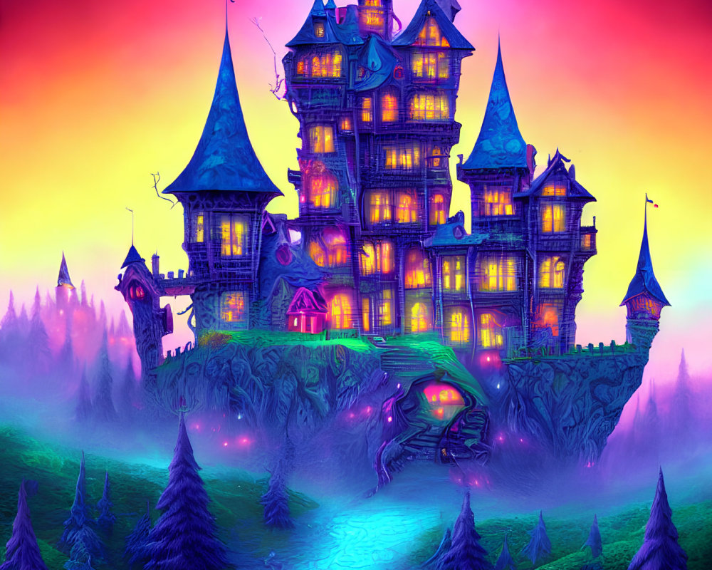 Fairy tale castle on living tree in vibrant sunset