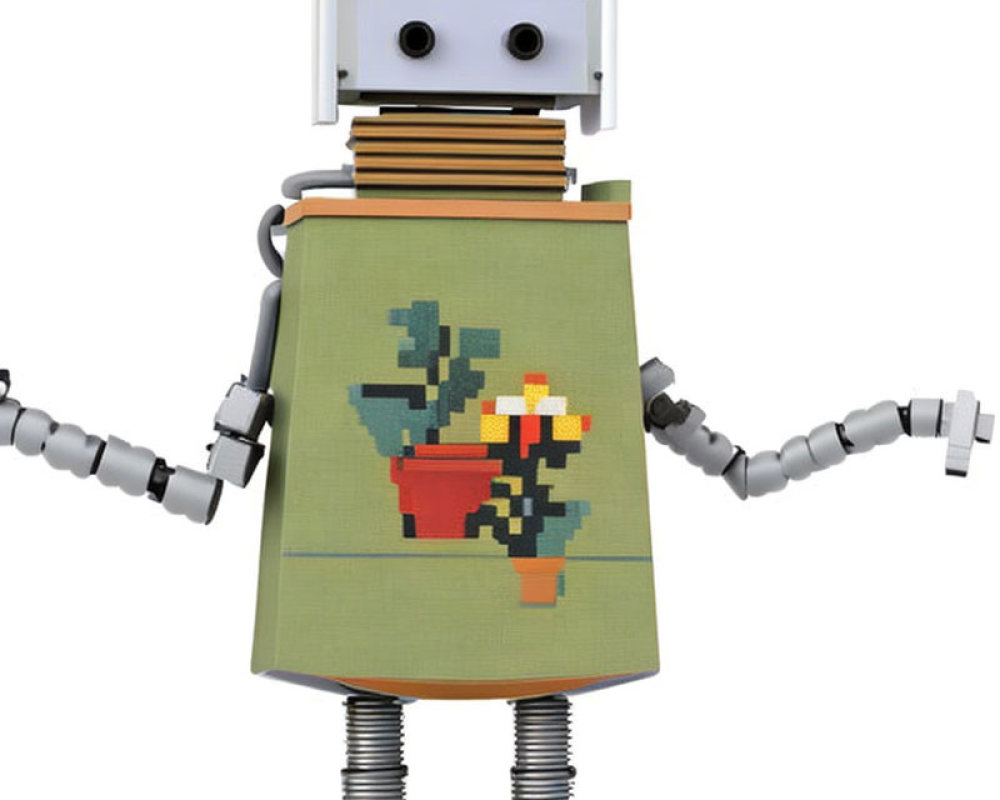 Friendly Robot with Apron in Cross-Stitch Design