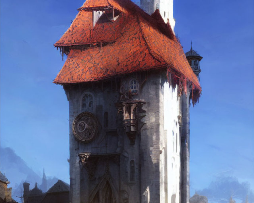 Medieval tower with orange-tiled roof and clock in misty setting