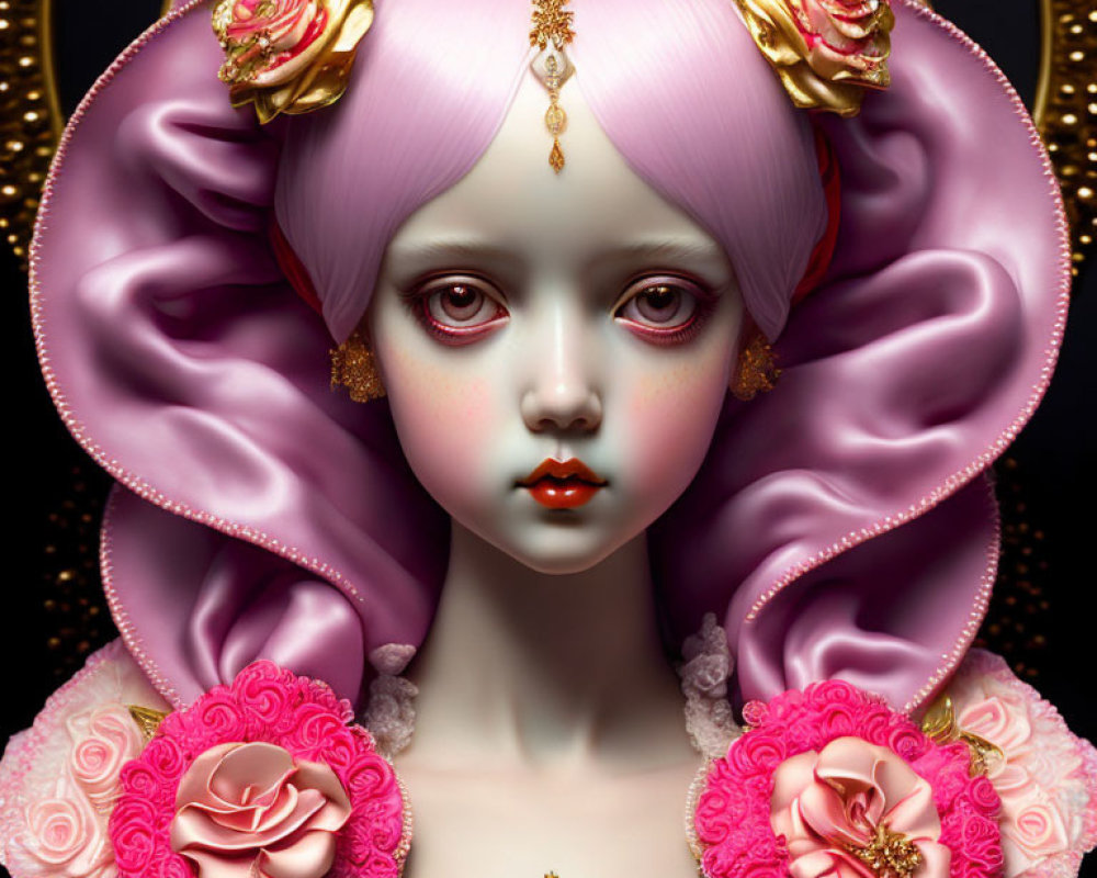 Stylized portrait of doll-like figure with pink hair and ornate accessories