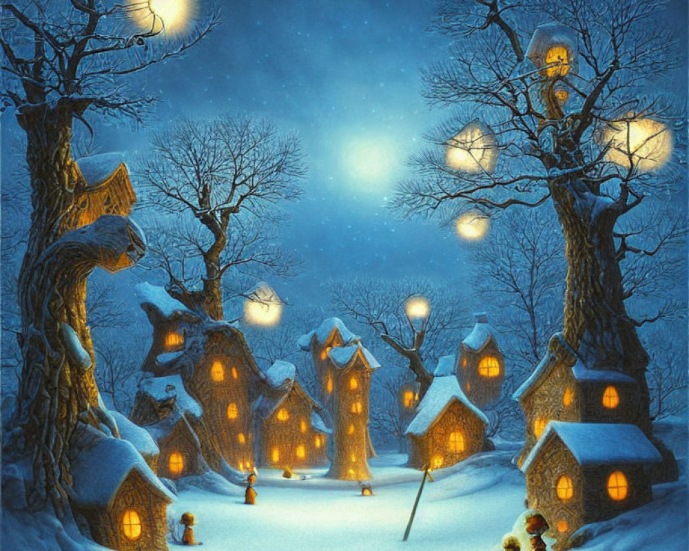 Winter village scene with cozy cottages, lantern-lit trees, and starry sky