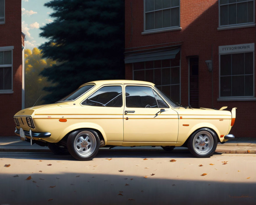 Vintage yellow car parked by red-brick building on empty street