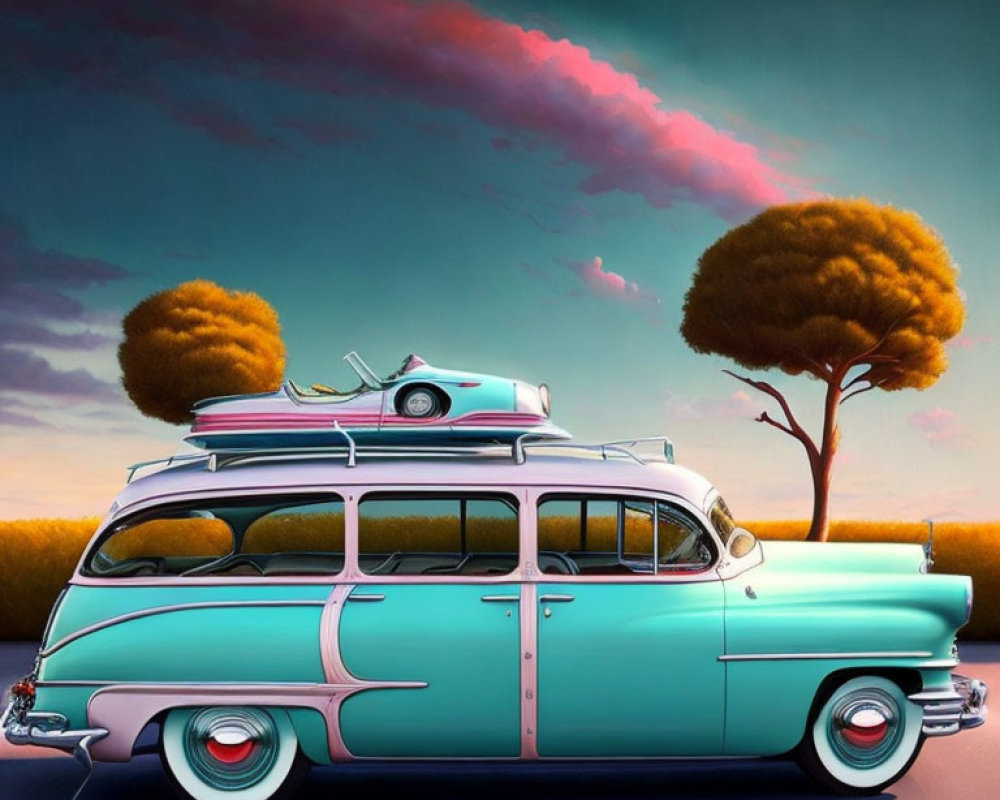 Vintage Turquoise and White Station Wagon with Surfboard Under Pastel Sky