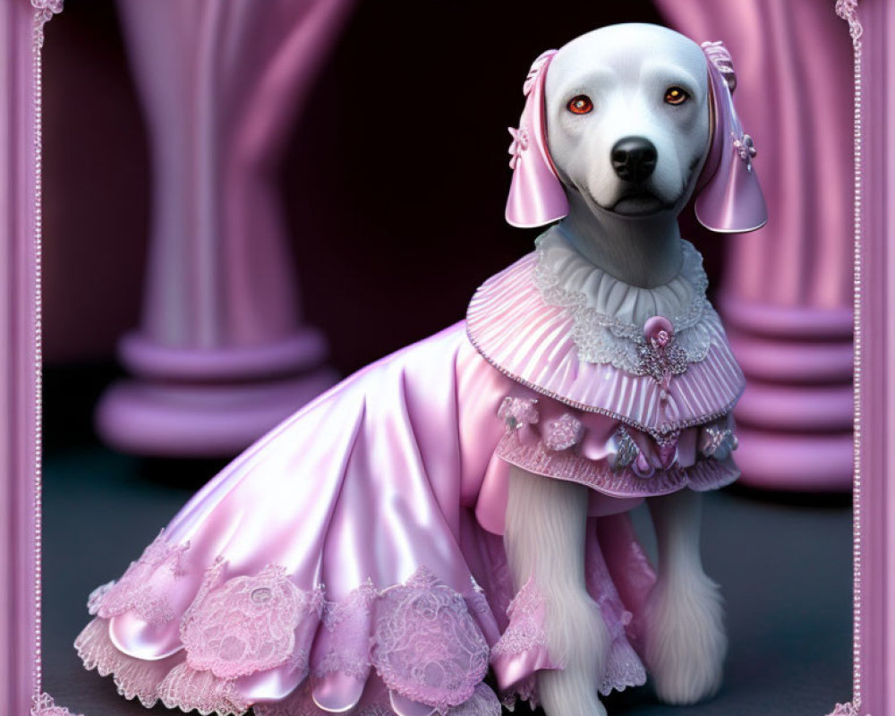 Stylized illustration of a dog in pink Victorian gown surrounded by roses