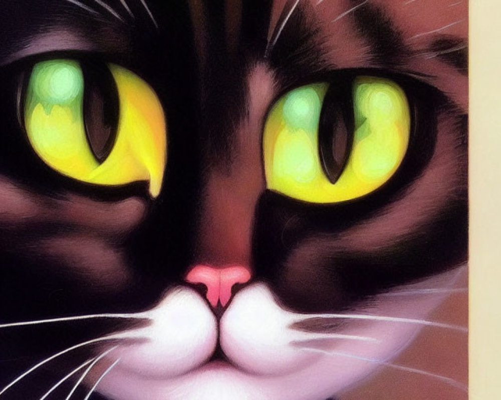 Black and White Cat Portrait with Striking Green Eyes and Pink Nose