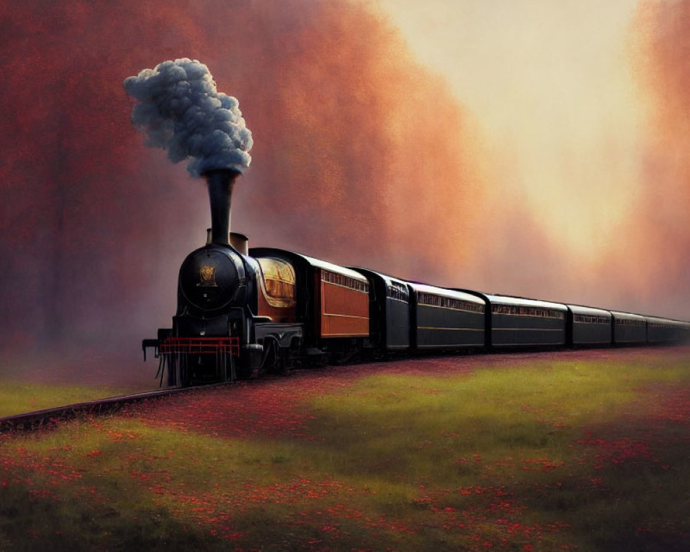 Vintage train with billowing smokestack amidst red-leafed trees