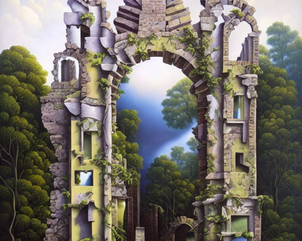 Surreal image of ancient arches against green trees