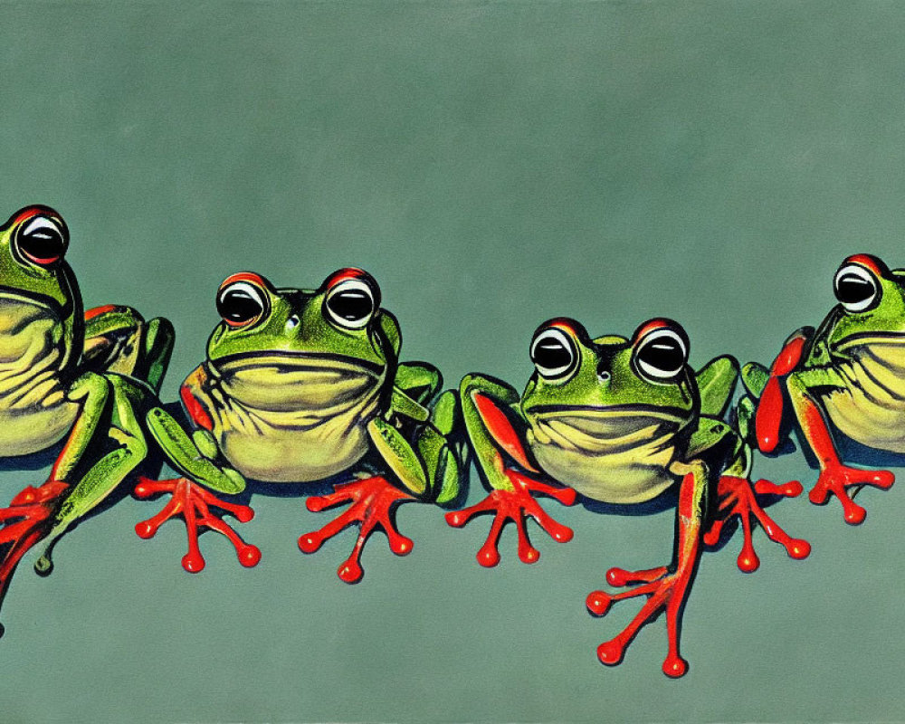 Four Green Frogs with Red Feet in Cartoon Style Against Greenish-Gray Background