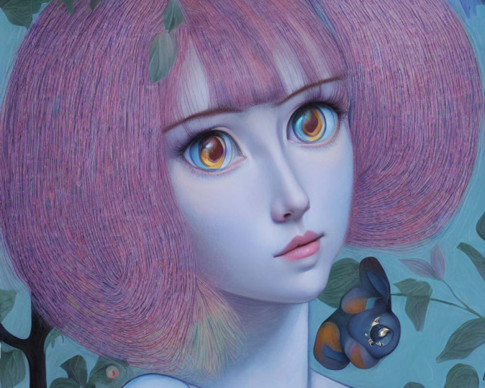 Stylized digital artwork of young woman with expressive eyes and pink bob-cut hair, with surreal blue