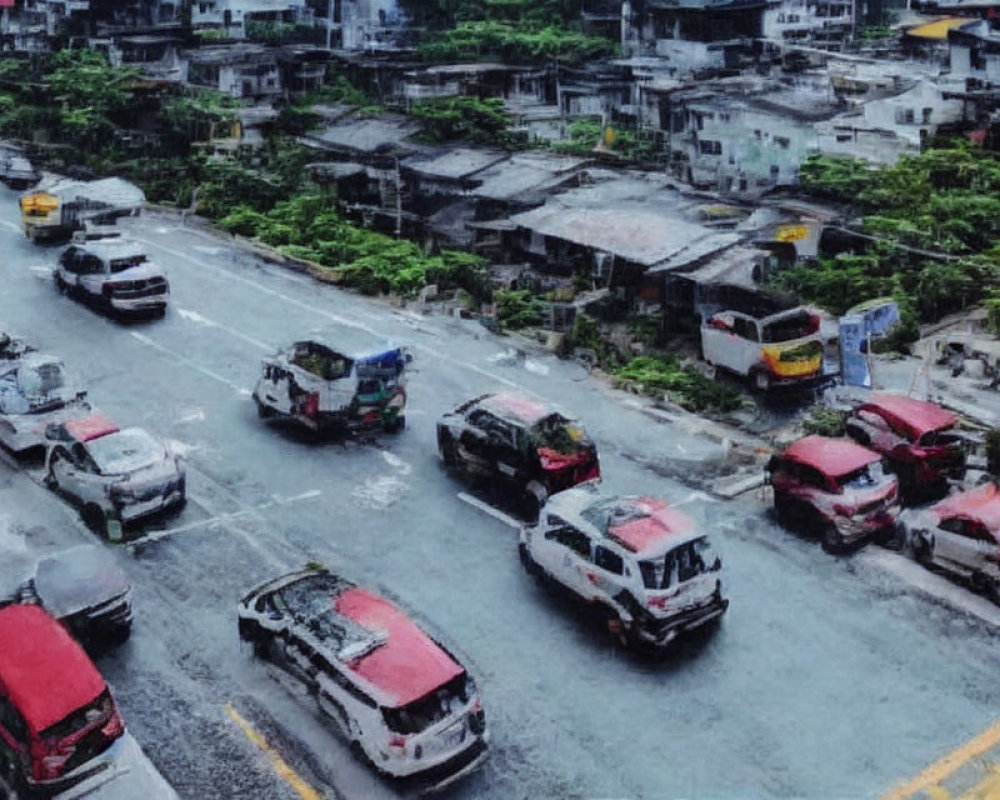 Urban street with mixed traffic and buildings on a rainy day