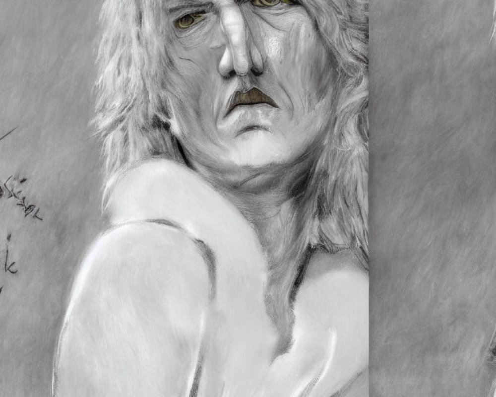 Detailed pencil sketch of a long-haired man with intense eyes and prominent nose.