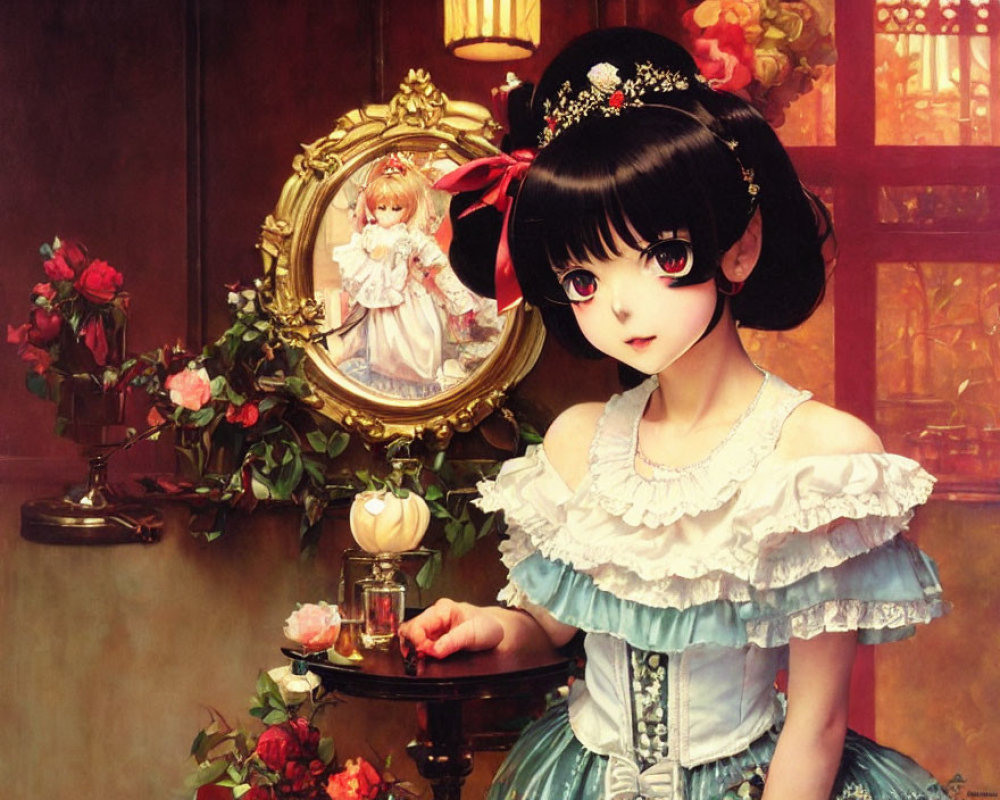 Black-haired anime girl in frilly dress with red bow, beside table with mirror reflection.