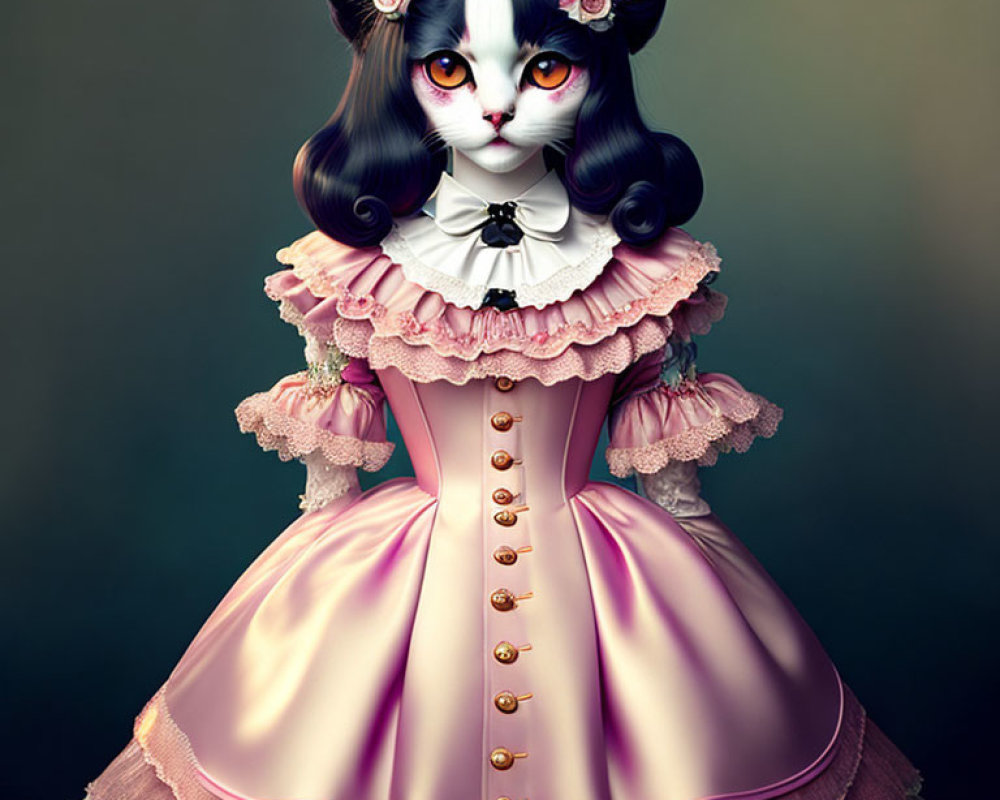 Anthropomorphic cat in pink Victorian dress with ruffles and floral headpiece