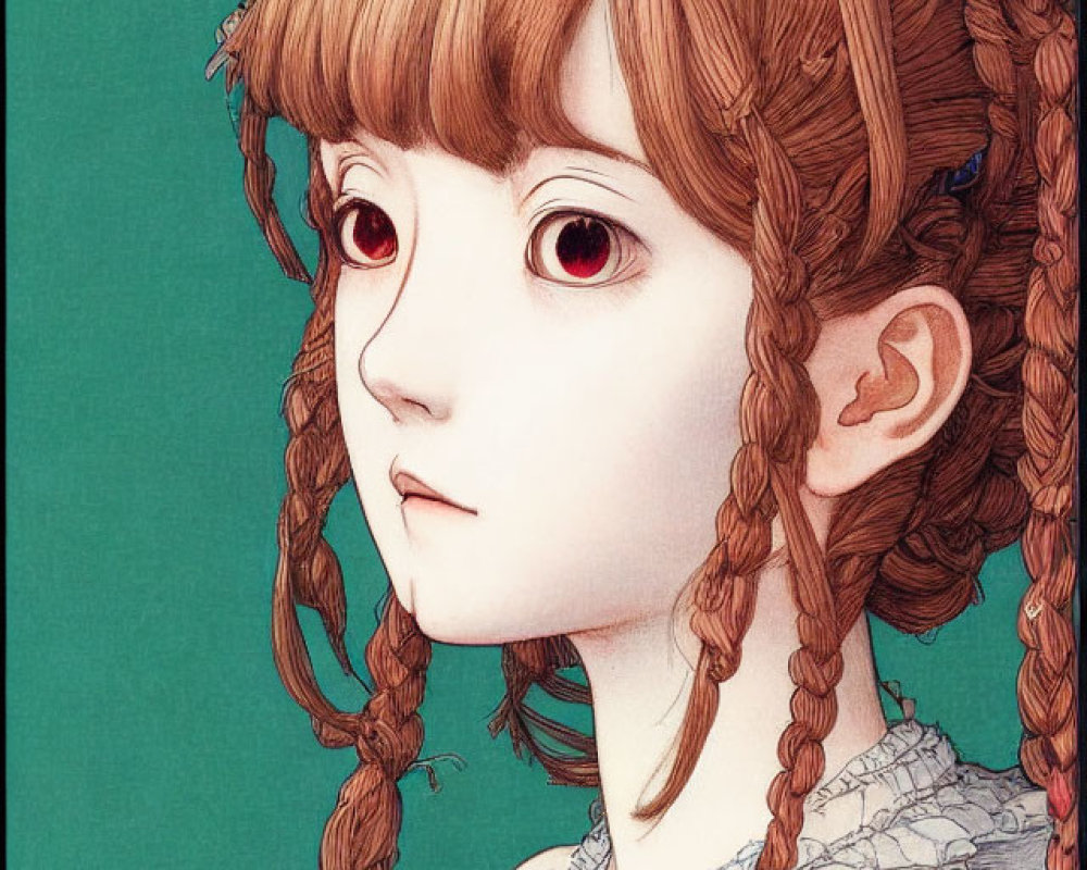 Illustration of girl with braided hair, red eyes, ruffled blouse, and mechanical head device