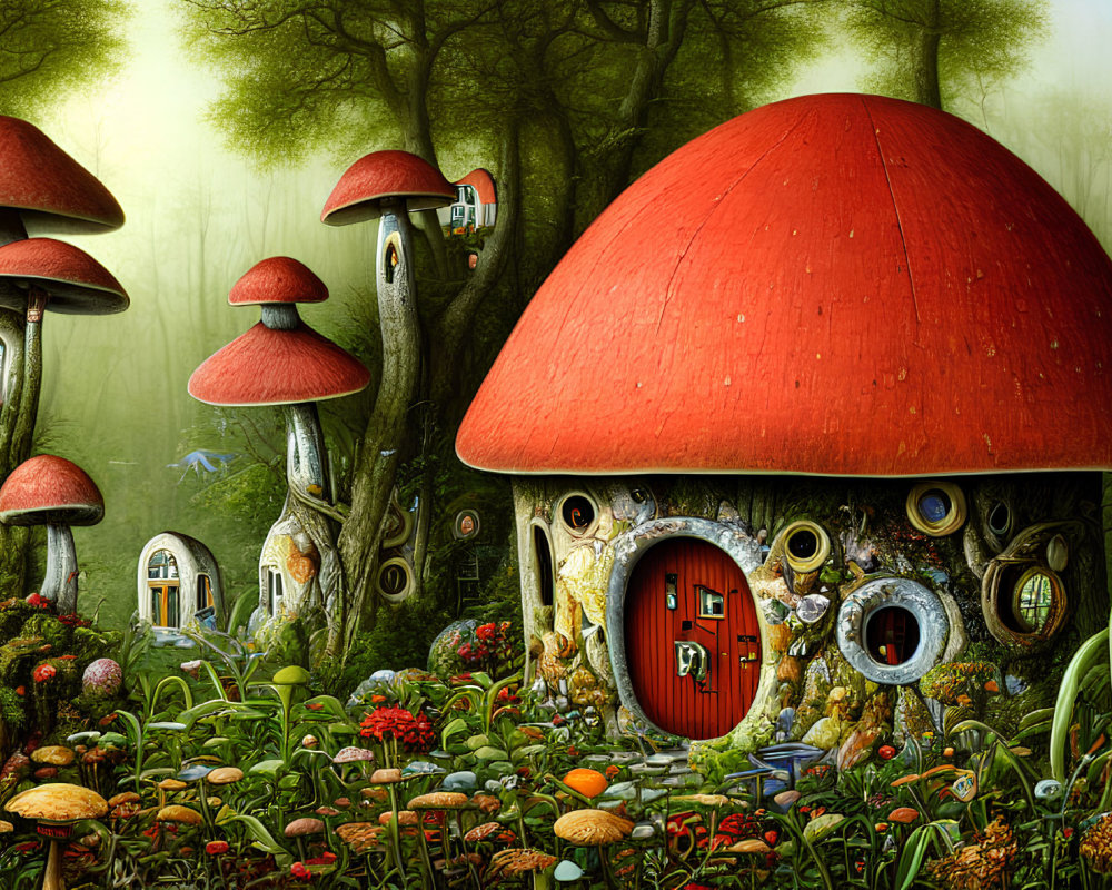 Fantasy illustration: Large red mushroom house in forest