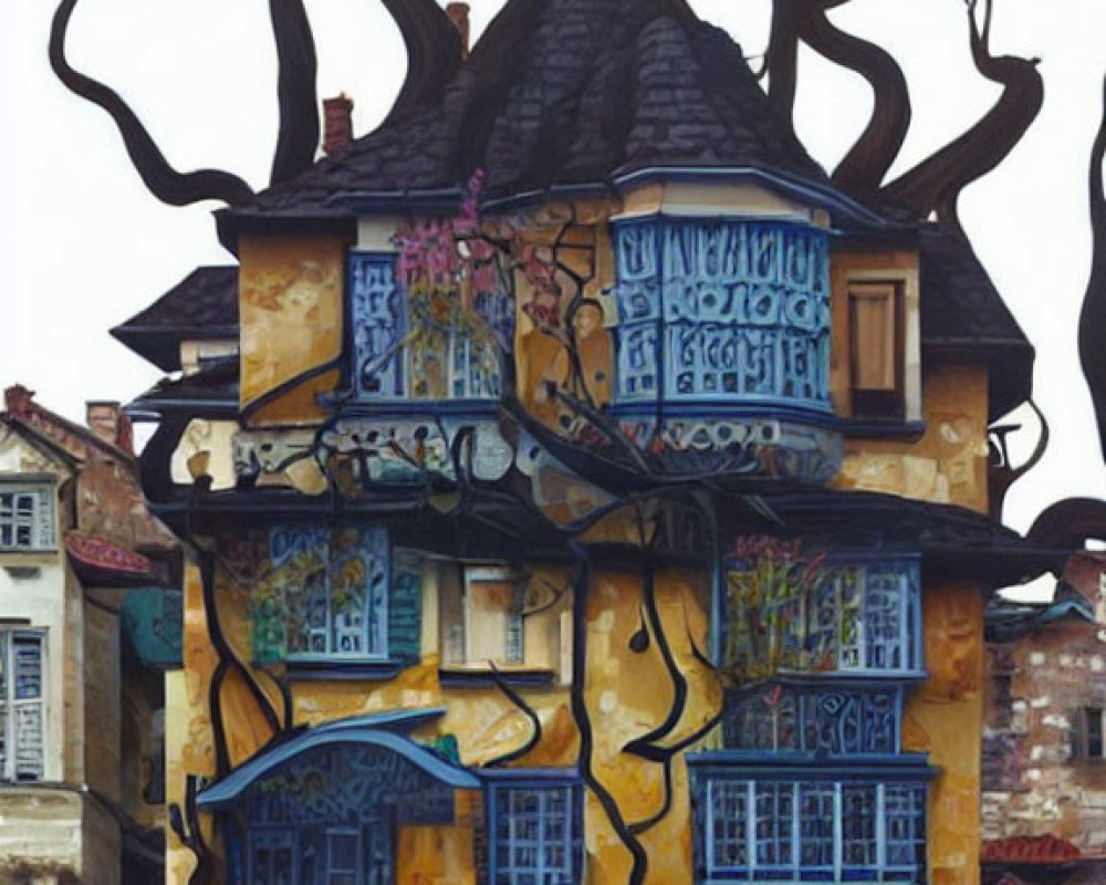 Whimsical yellow house painting with twisted black branches and vibrant flowers