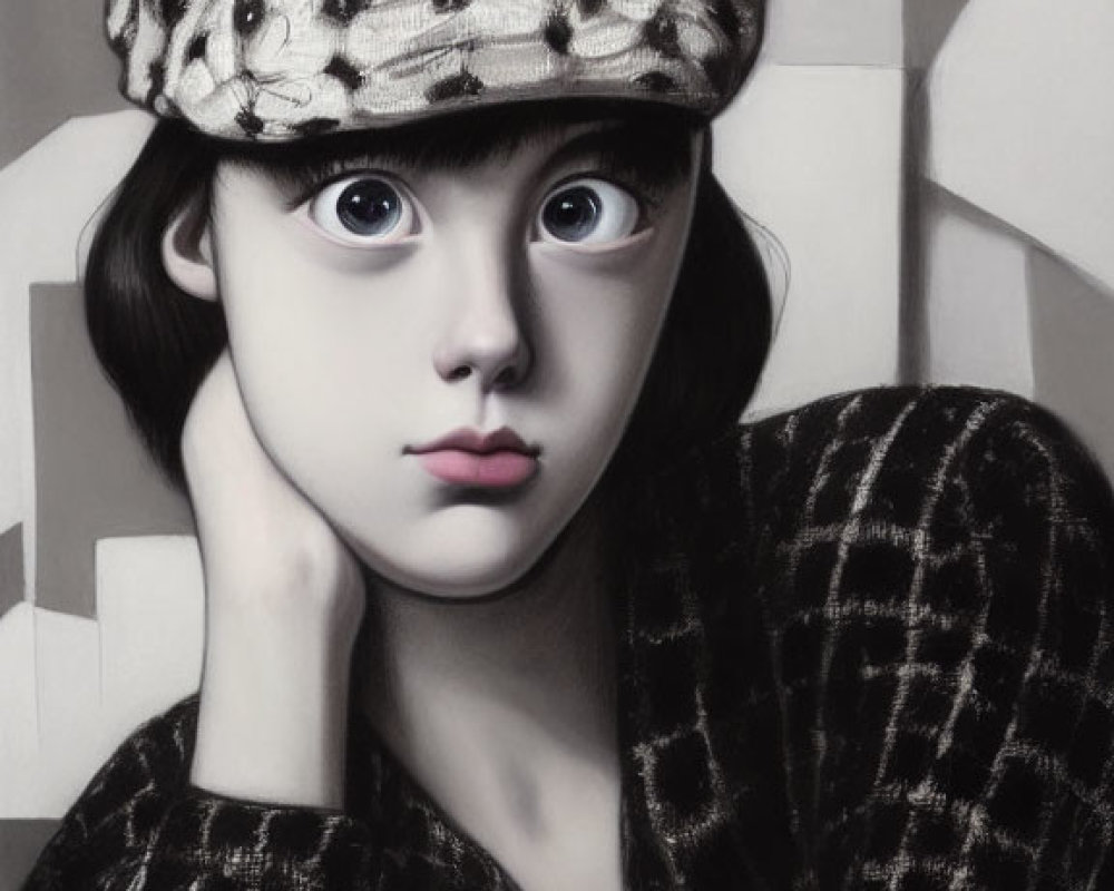 Monochrome drawing of girl with large eyes in patterned cap and textured outfit