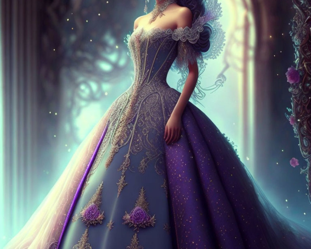 Woman in Purple Ball Gown with Golden Embroidery on Fantasy Floral Background