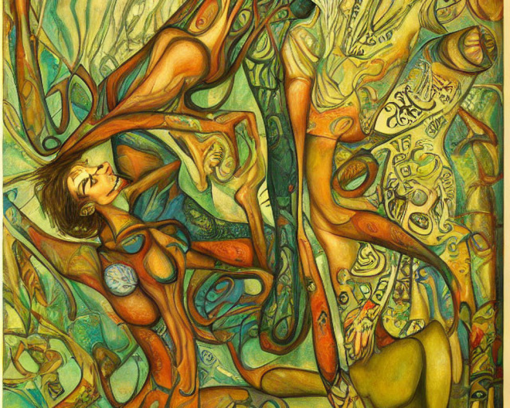 Surreal human figures intertwined in vibrant yellow and green palette