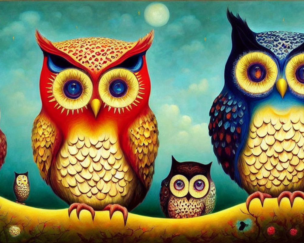 Colorful stylized owls on branch with vibrant backdrop