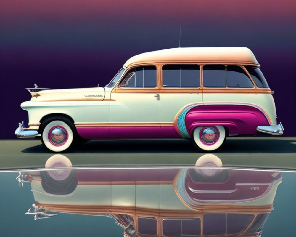 Classic Two-Tone Station Wagon with Wood Paneling on Reflective Surface