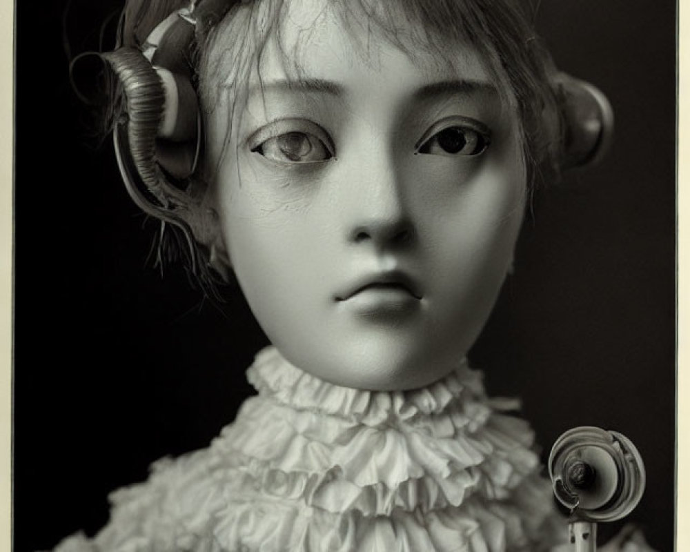 Doll portrait with intricate headgear and vintage microphone stand