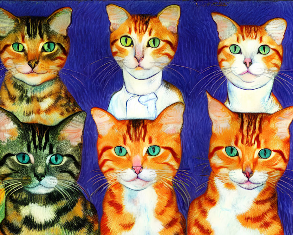 Vibrant Artwork: Six Cats with Human-Like Expressions on Blue Background