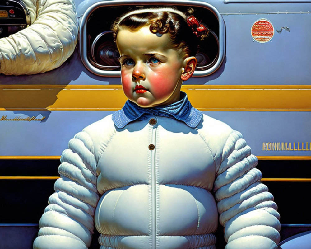 Young child in white puffy jacket next to vintage yellow car