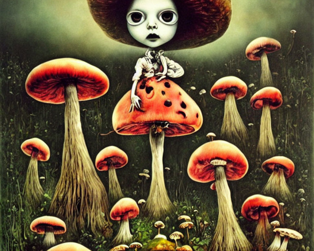 Surreal image of large-eyed figure on red-spotted mushroom