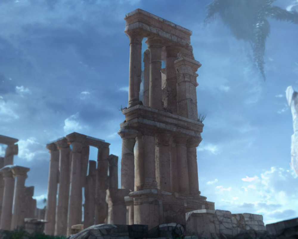 Ancient ruins with towering columns under a cloudy sky and a palm tree reflection.