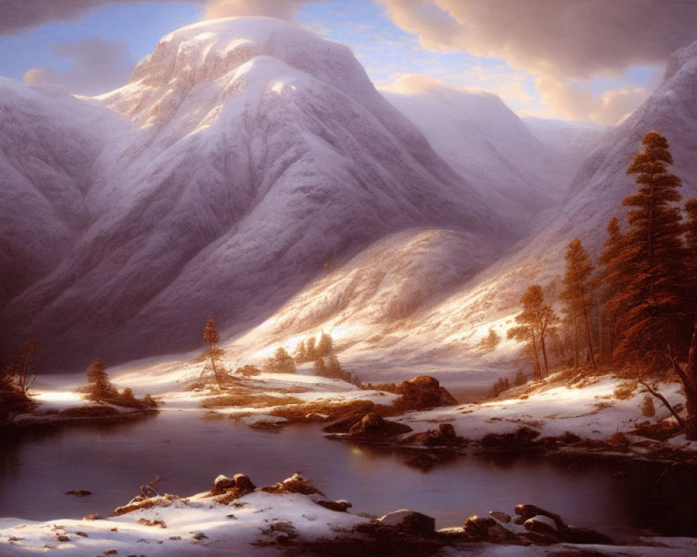 Scenic sunset over snow-covered mountains and serene river