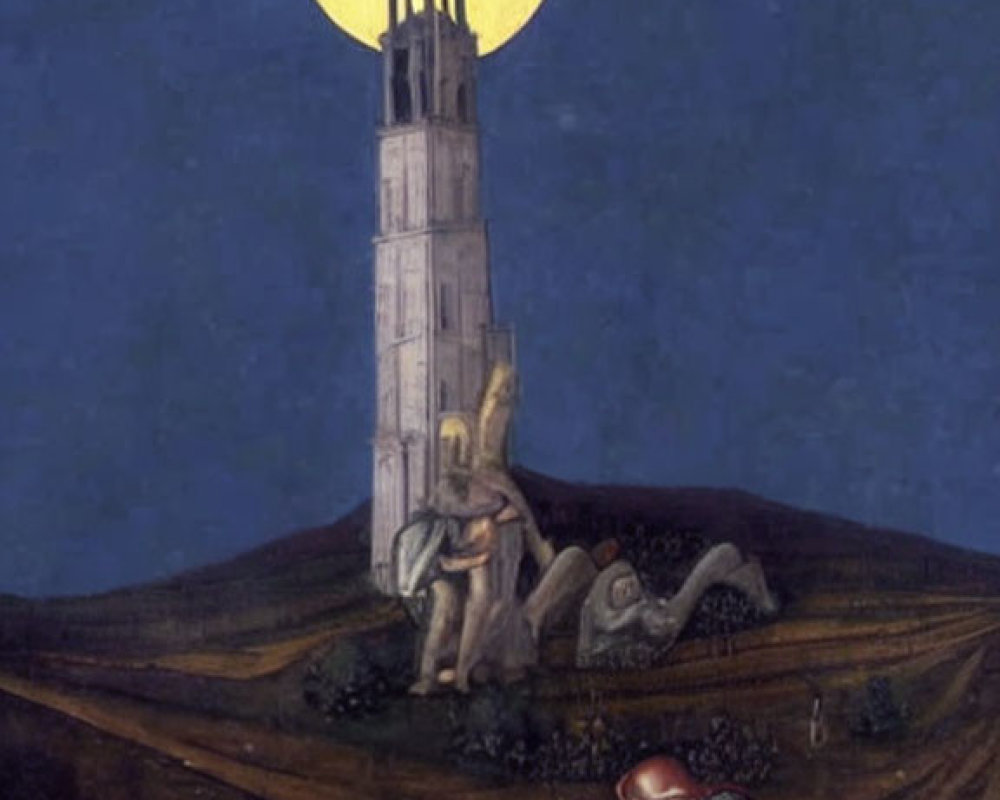 Medieval painting: Knight on horse, fallen warrior, grieving figure, glowing moon, night sky.