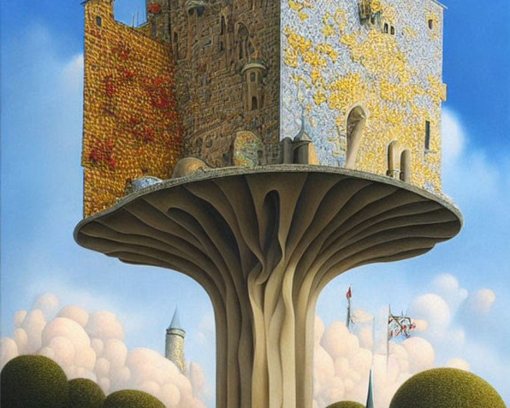 Fantastical painting of grand castle on giant mushroom surrounded by lush greenery