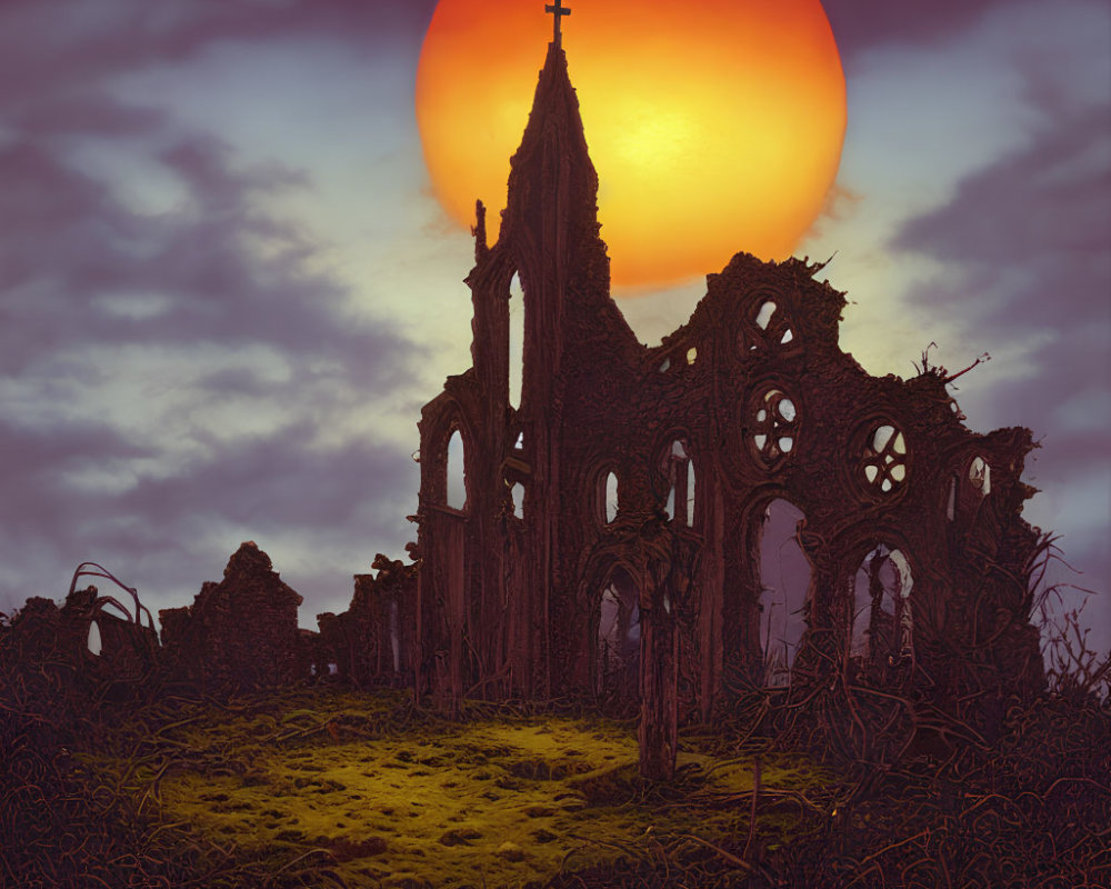 Gothic church ruin under red sun in twilight setting