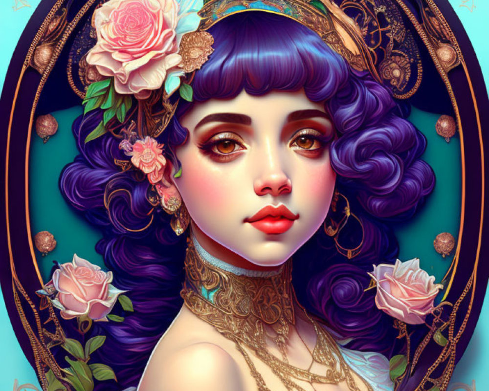 Stylized portrait of woman with blue hair and pink flowers in ornate oval frame