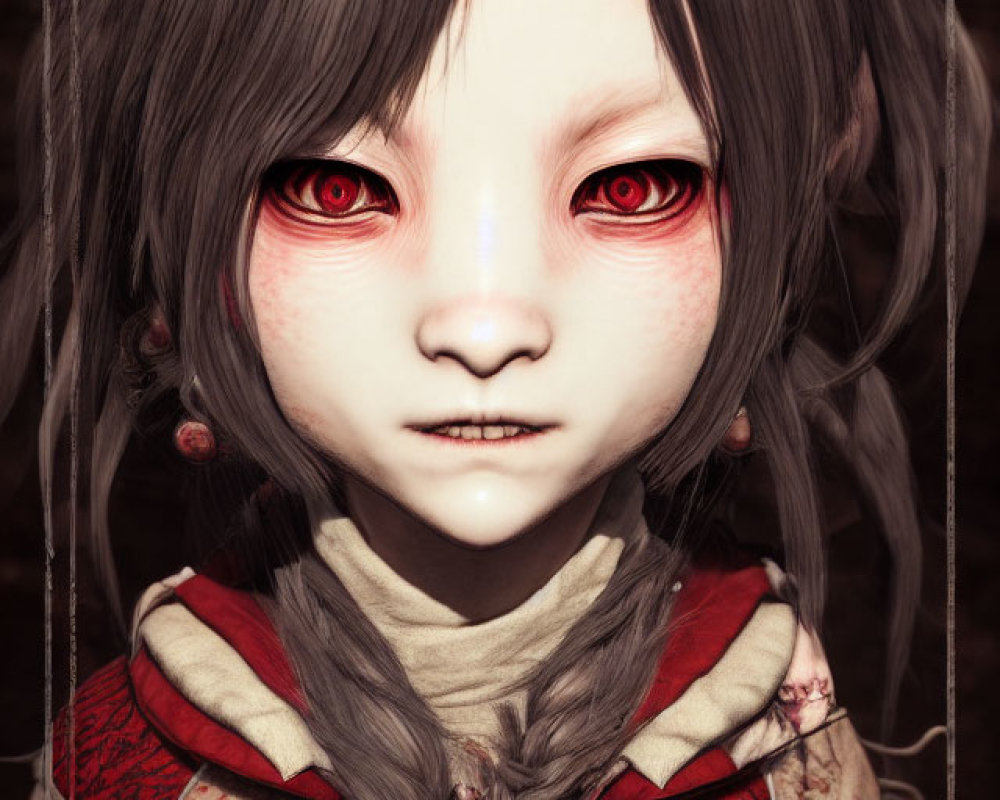 Digital portrait of doll-like figure with red eyes, pale skin, and braided grey hair on dark