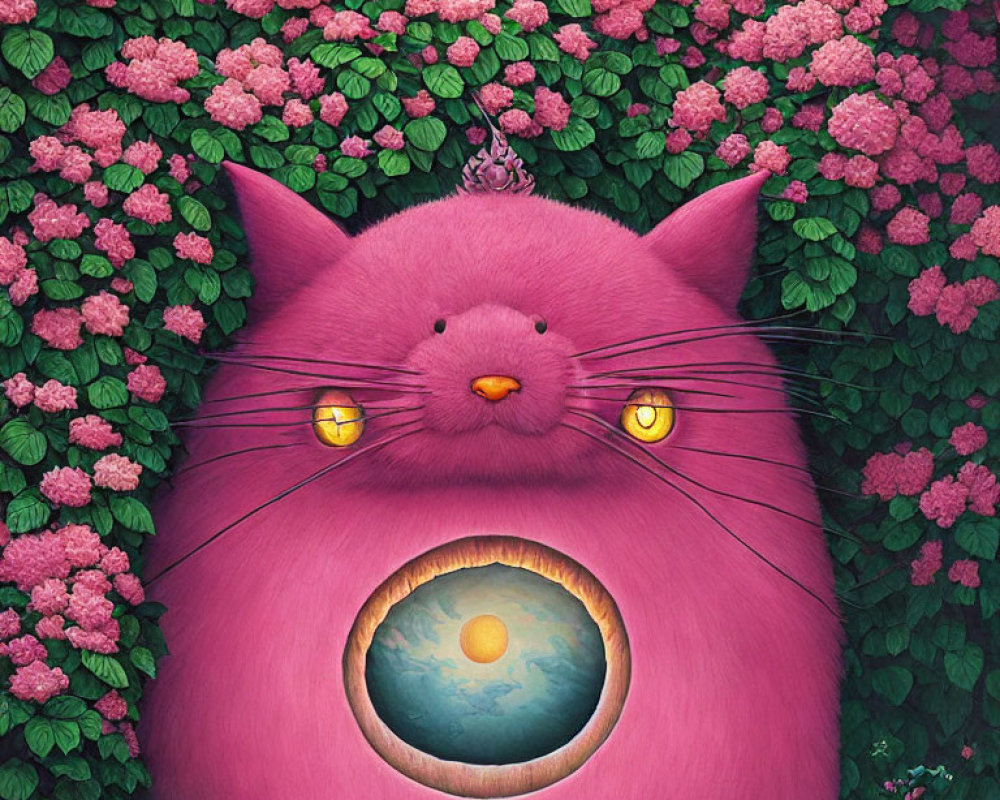 Illustration of Giant Pink Cat with Yellow Eyes Holding Planet Amid Green Foliage