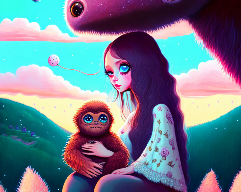 Whimsical girl and creature in colorful fantasy landscape