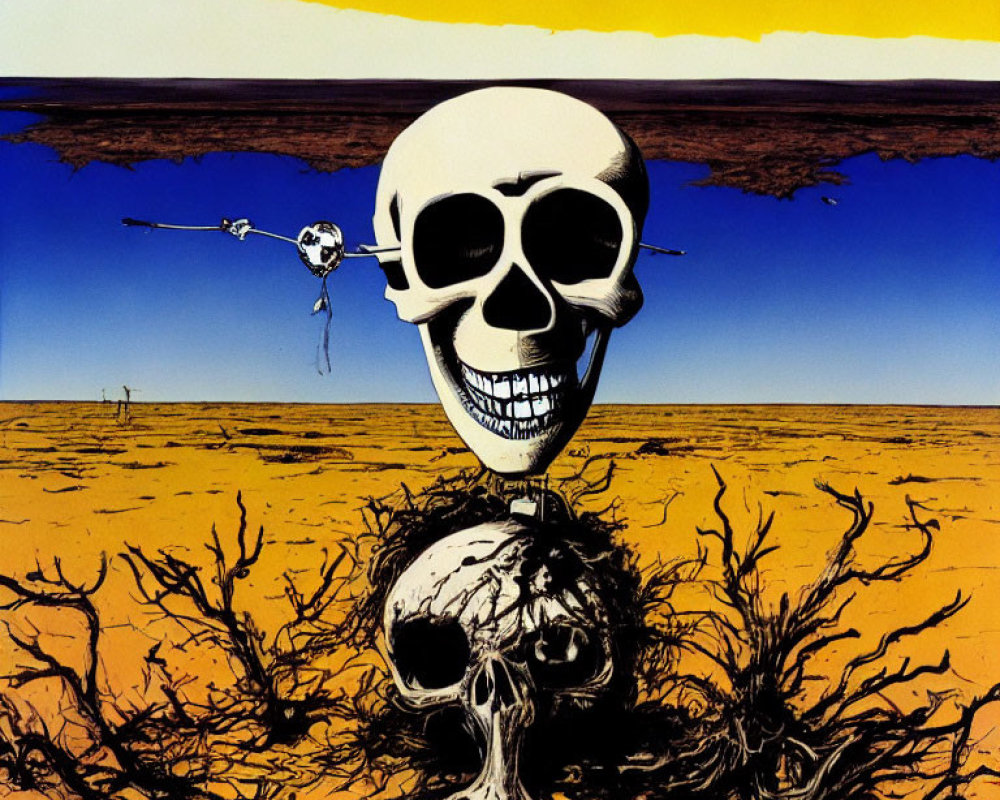 Surrealist artwork: Human skull on barren landscape with pendulum skull, yellow sky