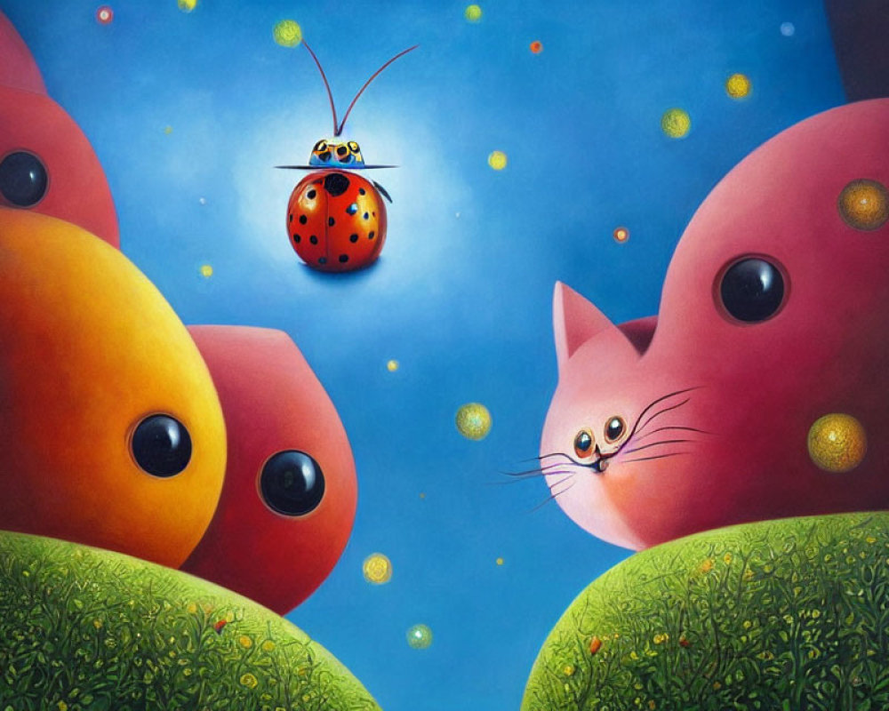 Colorful Ladybug Flying Among Round-Bodied Cats in Whimsical Landscape