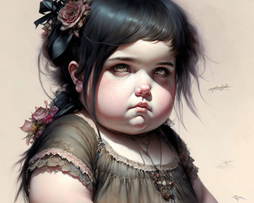 Digital painting of young girl with puffy cheeks, big brown eyes, dark hair, and floral hair