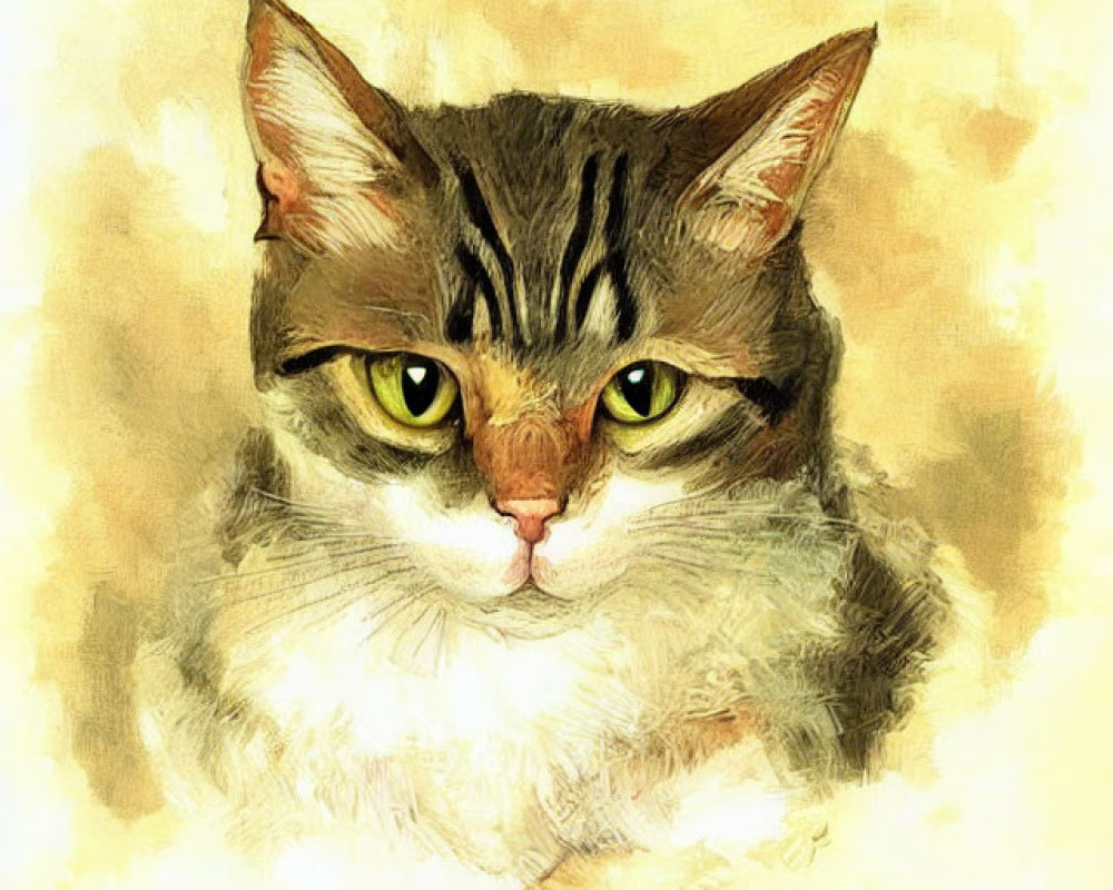 Cat painting with yellow eyes and striped face on yellow background