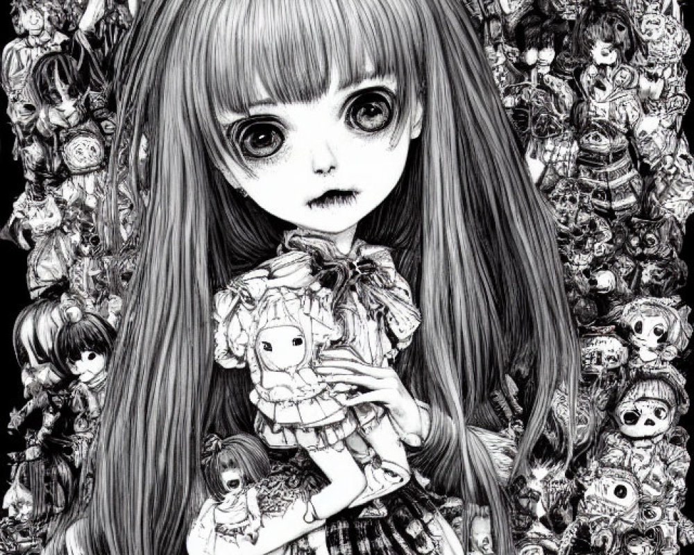 Monochrome illustration of wide-eyed girl with long hair and expressive dolls