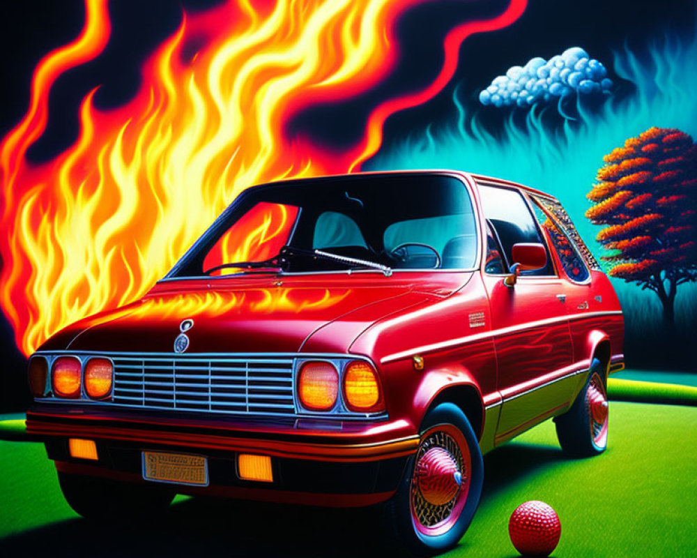 Colorful vintage car illustration on grass with flames and tree.