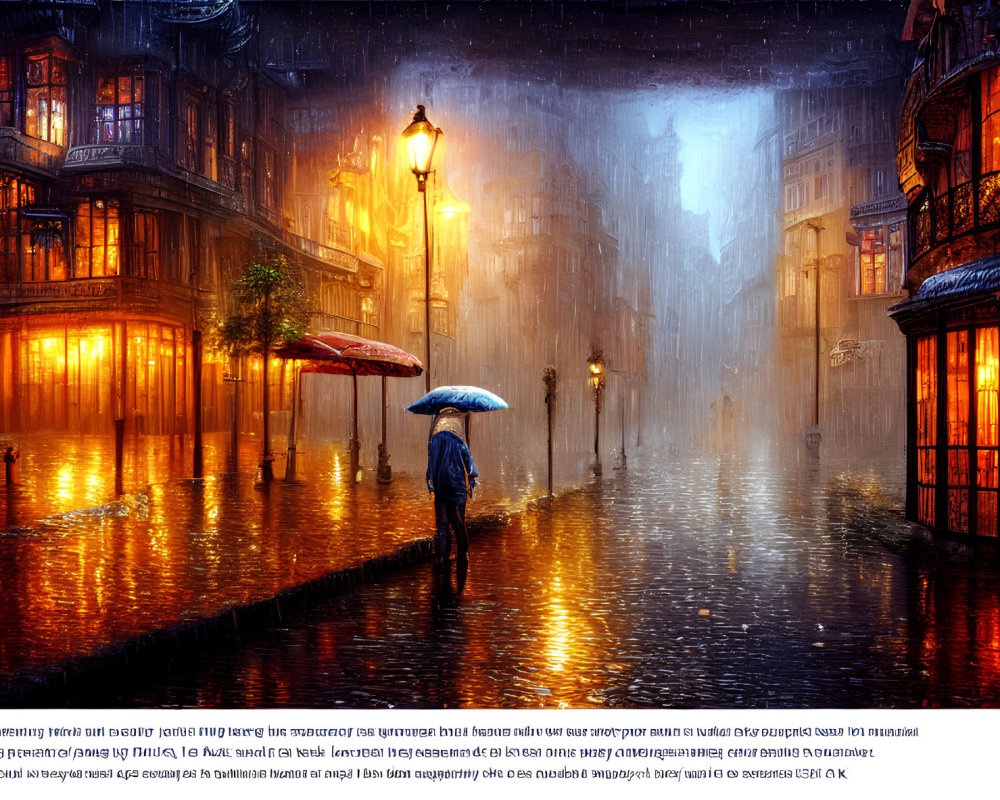 Person with umbrella on cobblestone street in rain with warm, nostalgic ambiance