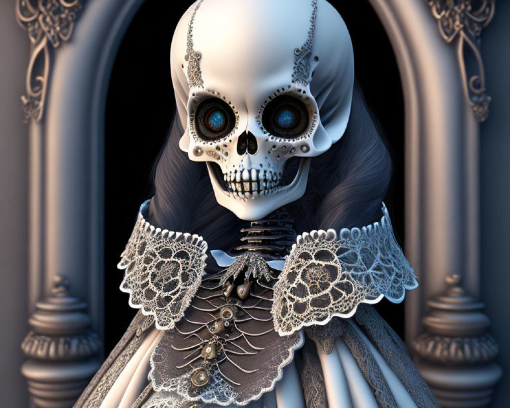 Detailed 3D skeleton illustration in Victorian dress with blue eyes and long hair