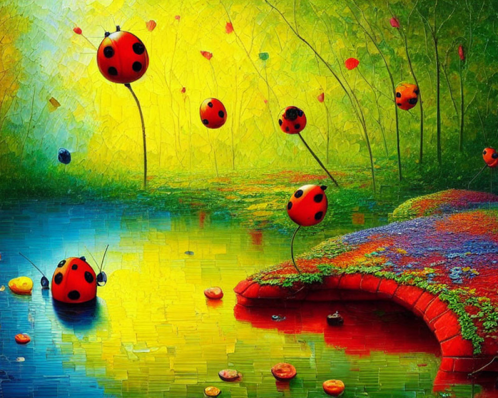 Colorful whimsical landscape with oversized ladybugs and vibrant foliage