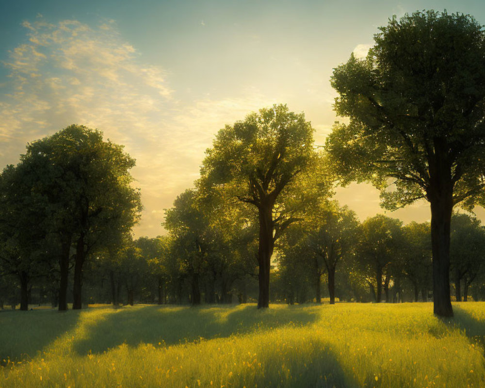 Sunlit Field with Lush Trees and Glowing Moon at Dusk