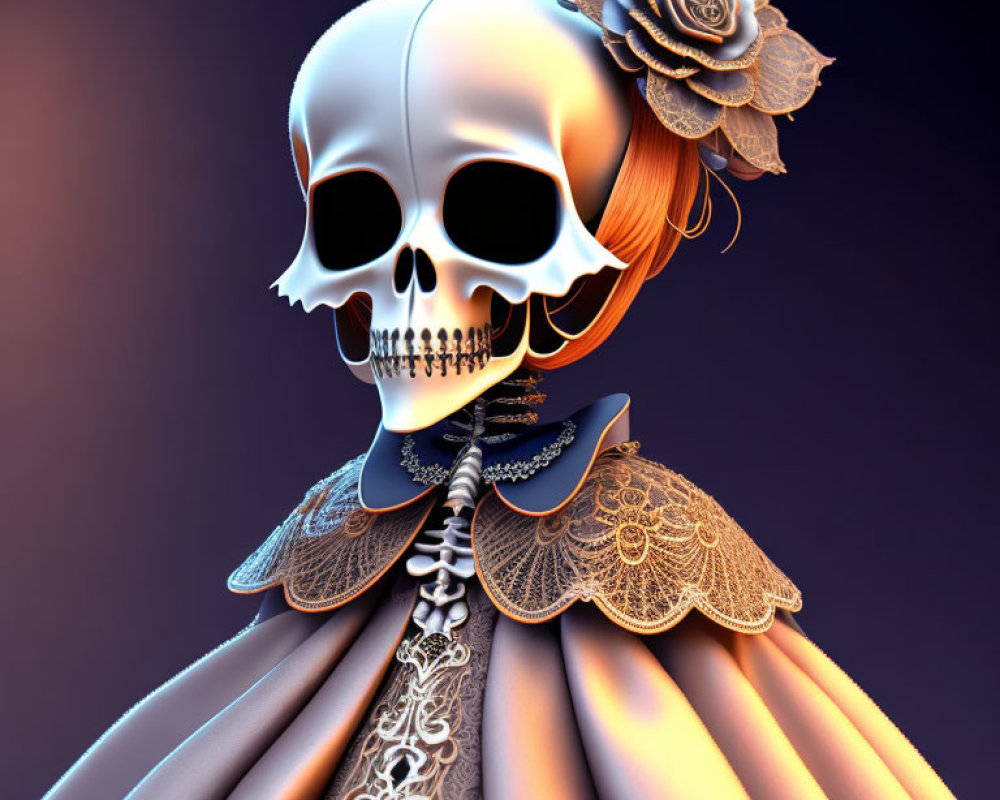 Skeleton digital artwork with rose hair accessory and lace dress on blue background